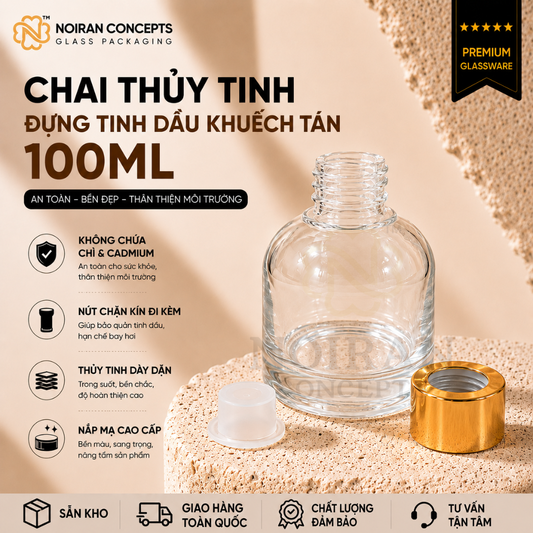 Chai thủy tinh trong đựng tinh dầu khuếch tán 100ml cao cấp Noiran Concepts, chai đựng reed diffuser bằng thủy tinh trong suốt, phù hợp làm tinh dầu khuếch tán và quà tặng.