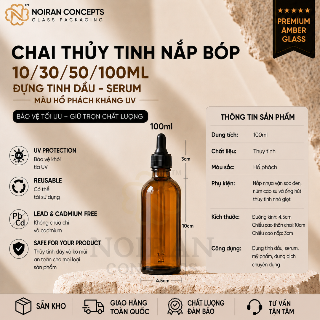 Chai thủy tinh nâu 100ml nắp bóp đựng tinh dầu serum mỹ phẩm giảm tác động của tia UV từ Noiran Concepts