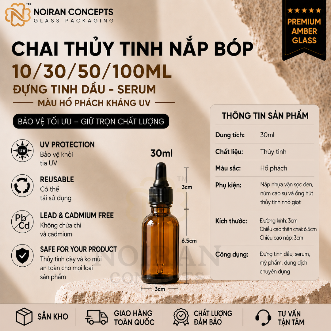 Chai thủy tinh nâu nắp bóp 30ml đựng tinh dầu serum chống tia UV của Noiran Concepts