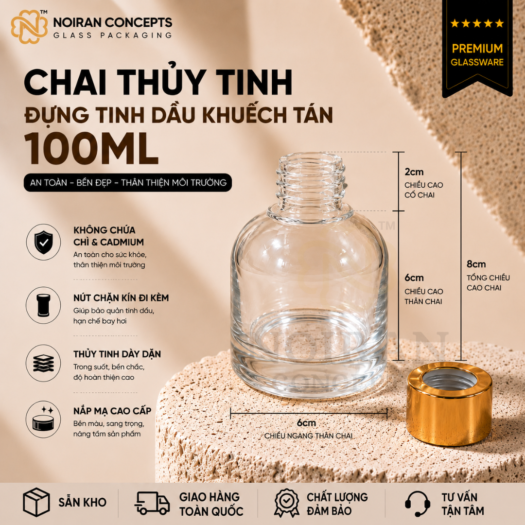 Kích thước chai thủy tinh trong đựng tinh dầu khuếch tán Noiran Concepts 100ml