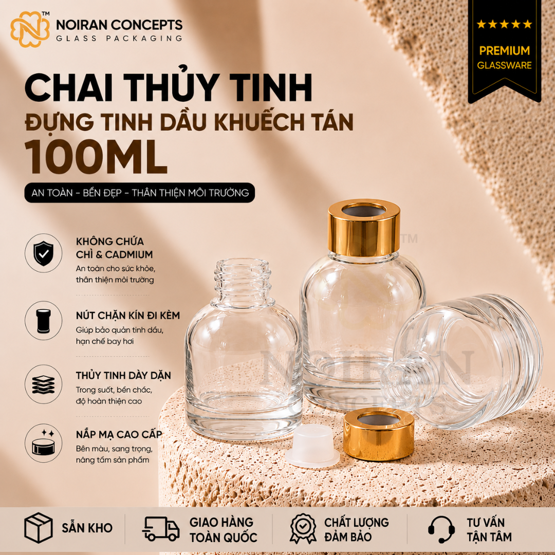 Chai thủy tinh trong đựng tinh dầu khuếch tán 100ml cao cấp Noiran Concepts, chai đựng reed diffuser bằng thủy tinh trong suốt, phù hợp làm tinh dầu khuếch tán và quà tặng.