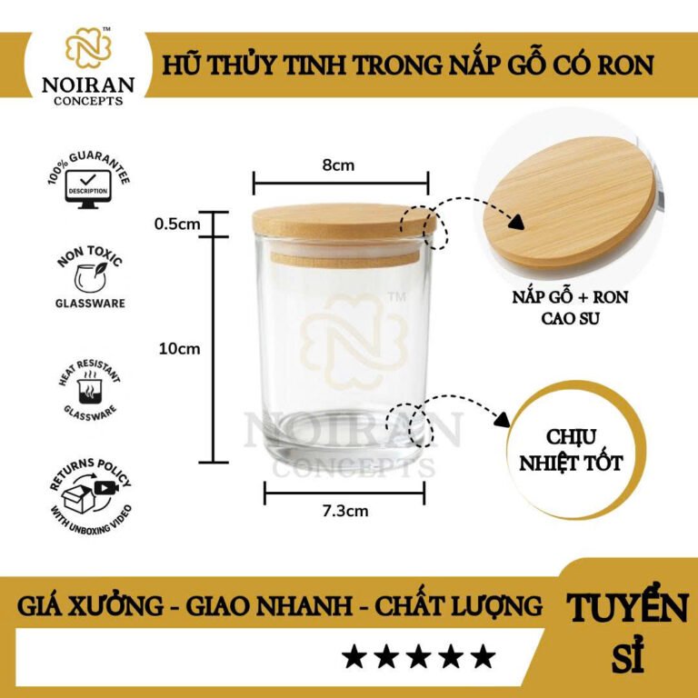 Hũ thủy tinh trong nắp gỗ có ron