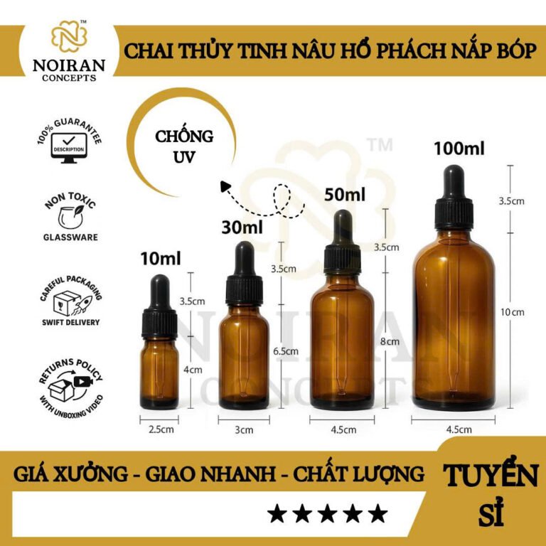 Chai thủy tinh nâu hổ phách nắp bóp
