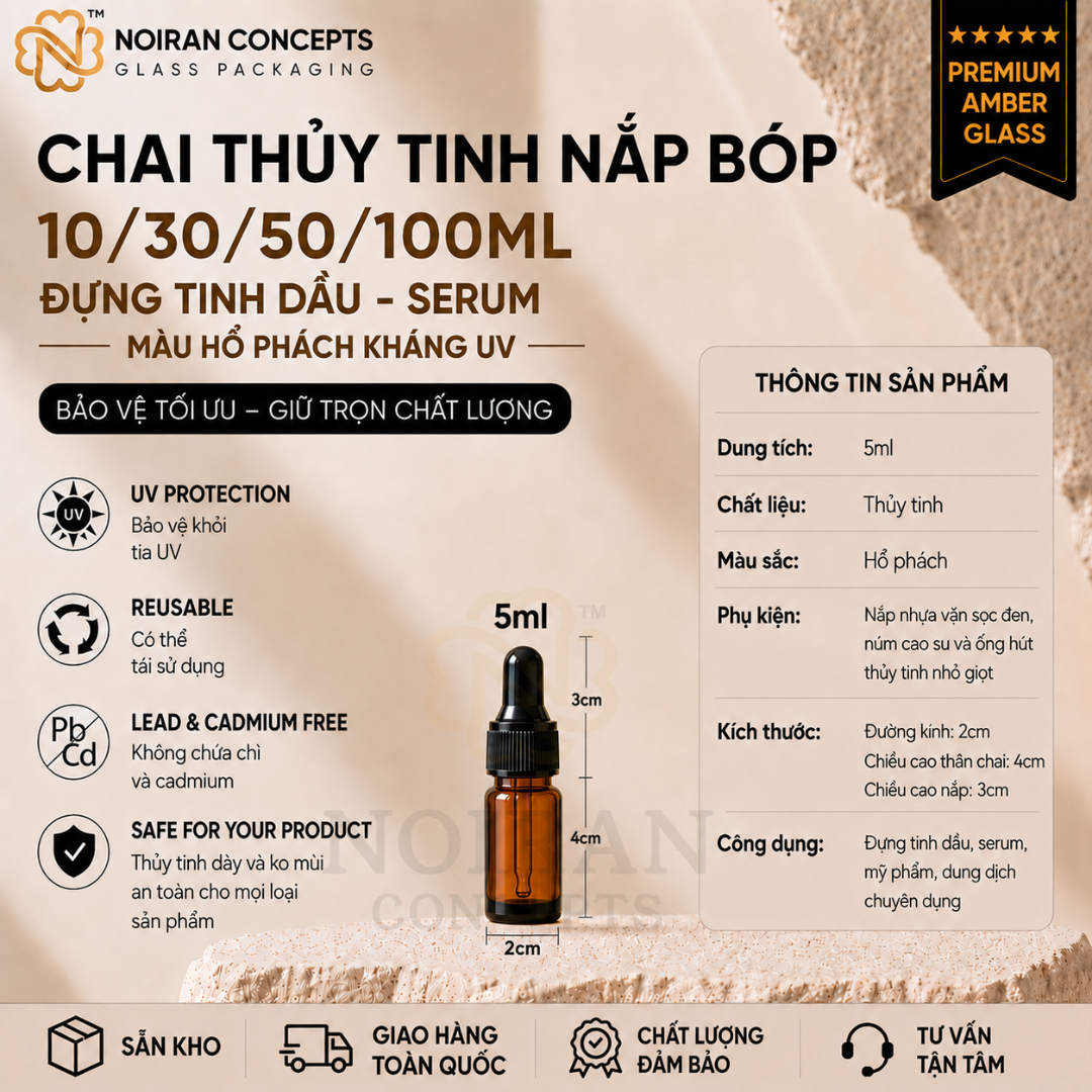 Chai thủy tinh nâu nắp bóp đựng tinh dầu serum 5ml giảm tác động của tia UV tại Noiran Concepts